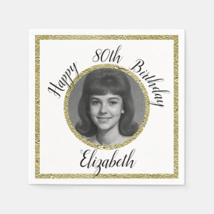 80th Birthday Napkins Custom Photo White and Gold 