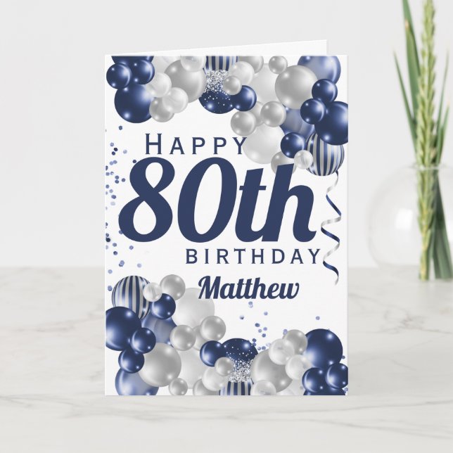 80th Birthday Navy Balloons Card (Front)