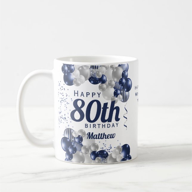 80th Birthday Navy Balloons Coffee Mug (Left)