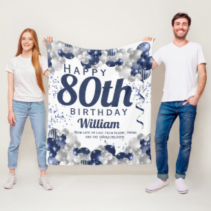 80th Birthday Navy Balloons Fleece Blanket