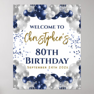 80th Birthday Navy Balloons Party Welcome Poster