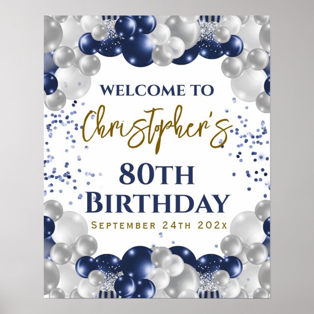 80th Birthday Navy Balloons Party Welcome Poster (Front)