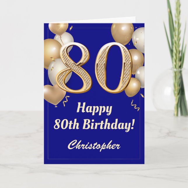 80th Birthday Navy Blue and Gold Balloons Confetti Card (Front)