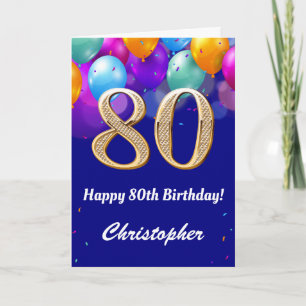 80th Birthday Navy Blue and Gold Colourful Balloon Card