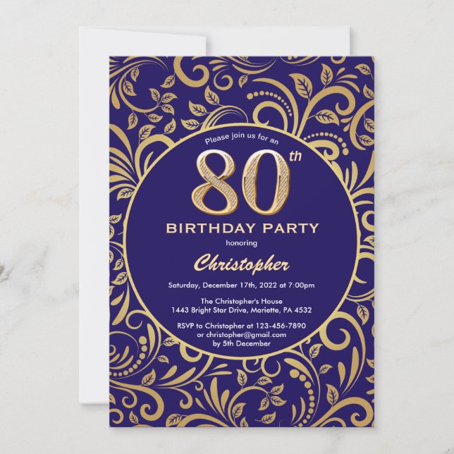 80th Birthday Navy Blue and Gold Floral Pattern Invitation (Front)