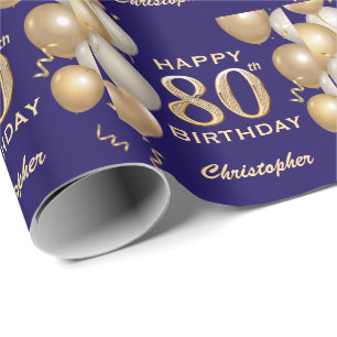 80th Birthday Navy Blue and Gold Glitter Balloons Wrapping Paper