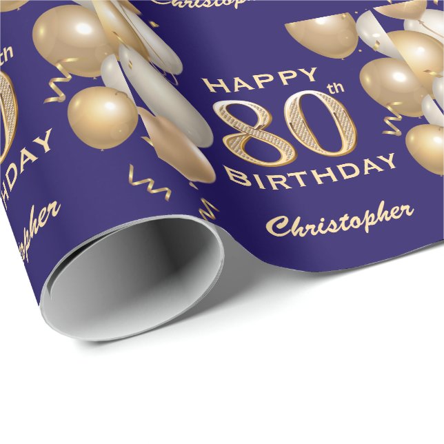 80th Birthday Navy Blue and Gold Glitter Balloons Wrapping Paper (Roll Corner)