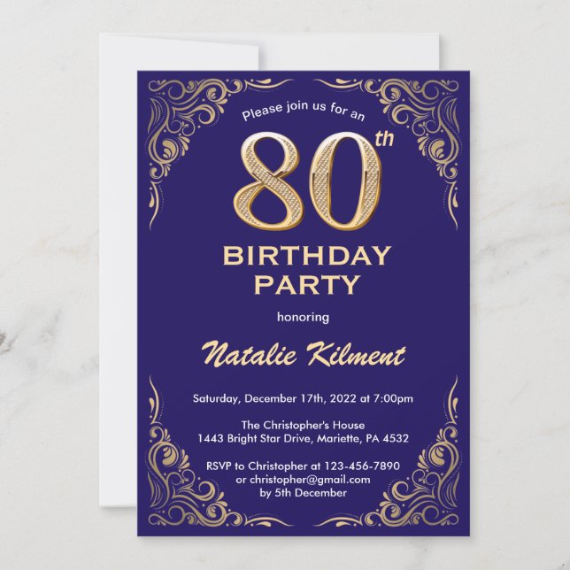 80th Birthday Navy Blue and Gold Glitter Frame Invitation (Front)