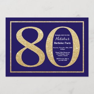 80th Birthday Navy Blue and Gold Glitter Invitation