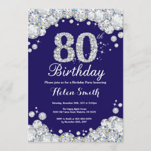 80th Birthday Navy Blue and Silver Diamond Invitation
