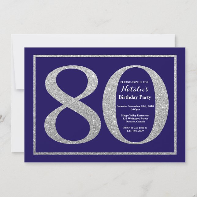 80th Birthday Navy Blue and Silver Glitter Invitation (Front)