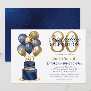 80th Birthday Navy Blue Balloon Cake Invitation