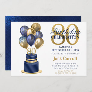 80th Birthday Navy Blue Balloon Cake Invitation