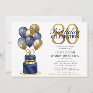 80th Birthday Navy Blue Balloon Cake Invitation