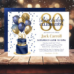 80th Birthday Navy Blue Balloon Cake Invitation<br><div class="desc">This fabulous men's 80th birthday party invitation featuring a 2-layer navy blue and gold cake with navy blue and gold balloons, the number 80 in gold and shiny blue confetti would be perfect for celebrating your loved one turning 80. It is traditional and classic while being fresh, modern and contemporary....</div>