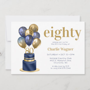 80th Birthday Navy Blue Balloon Cake Invitation