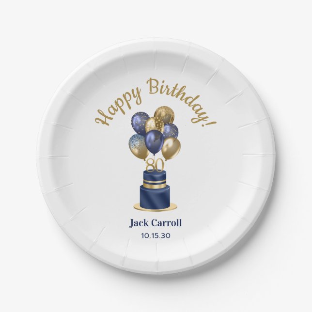 80th Birthday Navy Blue Balloon Cake Paper Plate (Front)