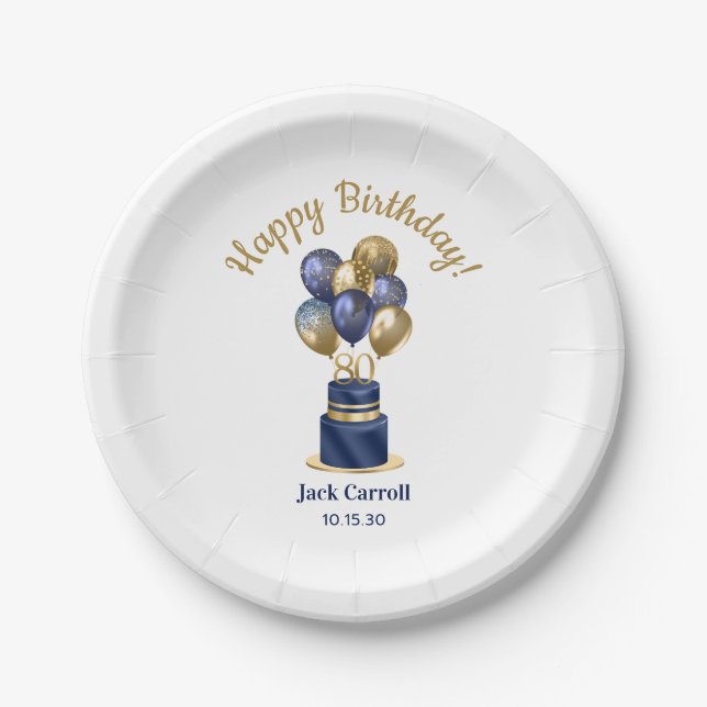 80th Birthday Navy Blue Balloon Cake Paper Plate (Front)
