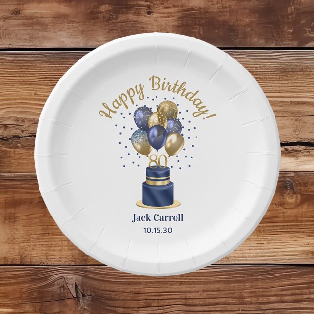 80th Birthday Navy Blue Balloon Cake Paper Plate (Creator Uploaded)