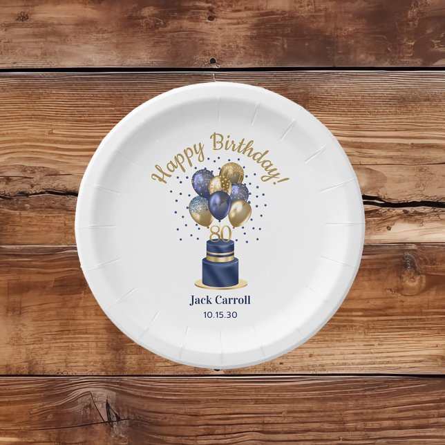 80th Birthday Navy Blue Balloon Cake Paper Plate (Creator Uploaded)