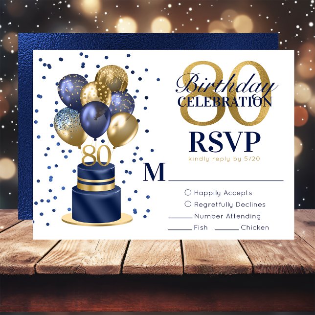 80th Birthday Navy Blue Balloon Cake RSVP Card (Creator Uploaded)