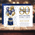 80th Birthday Navy Blue Balloon Cake Save The Date<br><div class="desc">This fabulous men's 80th birthday party Save the Date card featuring a 2-layer navy blue and gold cake with navy blue and gold balloons, the number 80 in gold and shiny blue confetti would be perfect for asking people to put this special date aside for the upcoming 80th Birthday Party....</div>