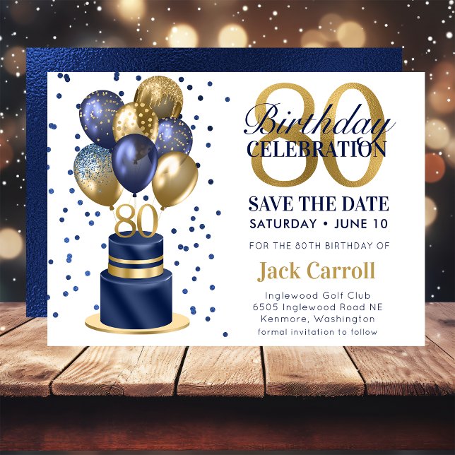 80th Birthday Navy Blue Balloon Cake Save The Date (Creator Uploaded)