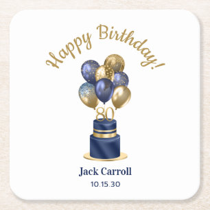 80th Birthday Navy Blue Balloon Cake Square Paper Coaster