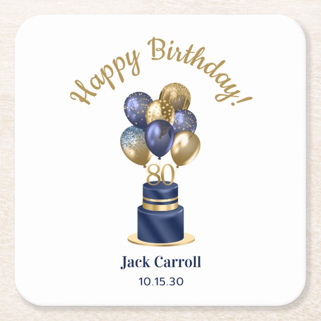 80th Birthday Navy Blue Balloon Cake Square Paper Coaster (Front)