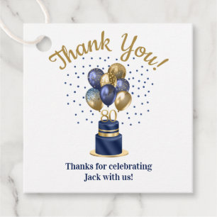 80th Birthday Navy Blue Balloon Cake Thank You Favour Tags