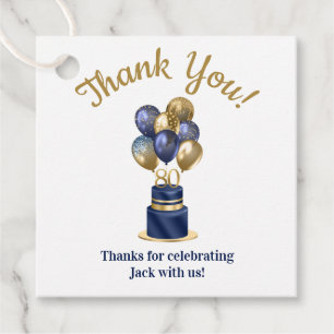 80th Birthday Navy Blue Balloon Cake Thank You Favour Tags
