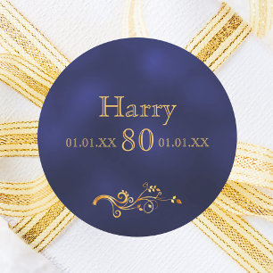 80th birthday navy blue gold monogram name guy classic round sticker