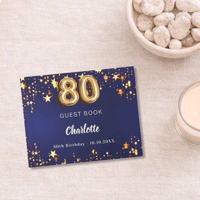 80th Birthday navy blue gold stars Guest Book (Creator Uploaded)