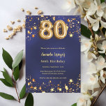 80th birthday navy blue gold stars invitation<br><div class="desc">A modern,  stylish invitation for a 80th birthday.  A navy blue background,  decorated with golden stars. The blue colour is uneven. Personalise and add your name and party details.</div>