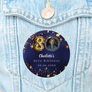80th birthday navy blue gold stars photo 6 cm round badge