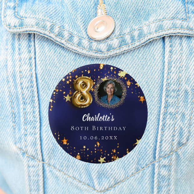 80th birthday navy blue gold stars photo 6 cm round badge (Creator Uploaded)