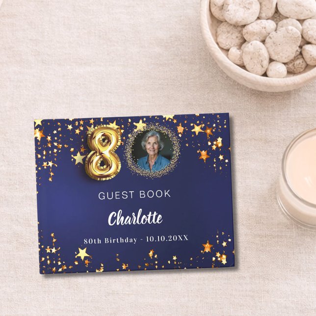 80th Birthday navy blue gold stars photo Guest Book (Creator Uploaded)