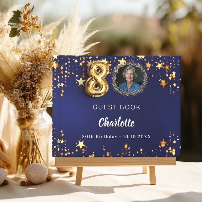 80th Birthday navy blue gold stars photo Guest Book (Creator Uploaded)