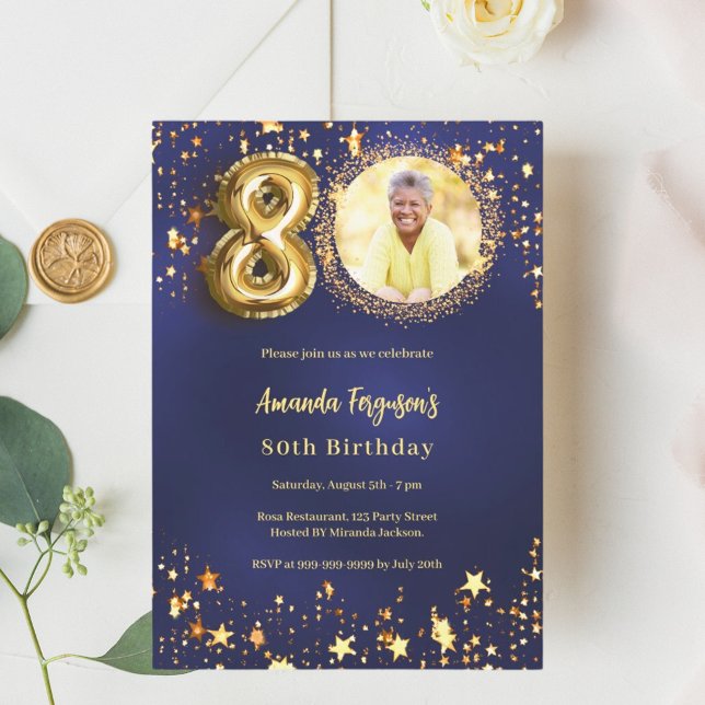 80th birthday navy blue gold stars photo invitation (Creator Uploaded)