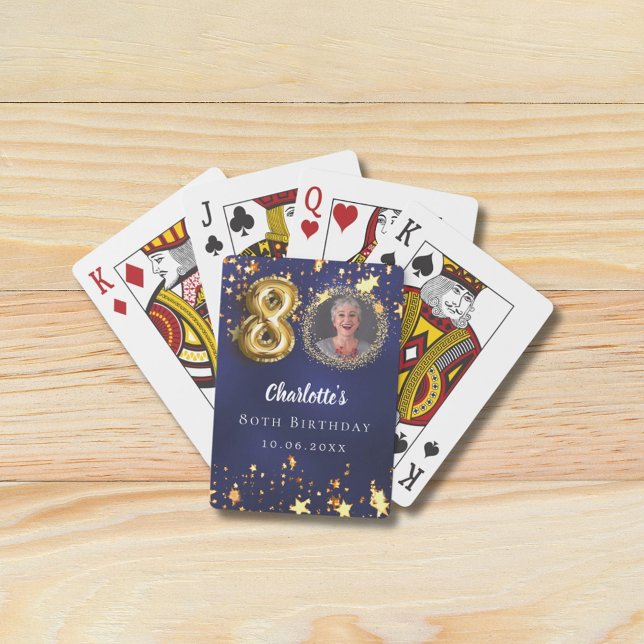 80th birthday navy blue gold stars photo playing cards (Creator Uploaded)