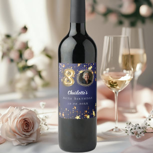 80th birthday navy blue gold stars photo wine label
