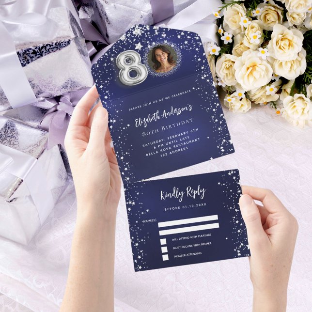 80th Birthday navy blue photo silver stars rsvp All In One Invitation (Creator Uploaded)