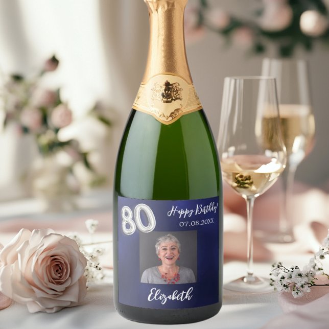 80th Birthday navy blue photo Sparkling Wine Label (Creator Uploaded)