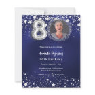 80th birthday navy blue silver photo invitation