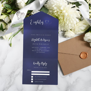 80th Birthday navy blue silver rsvp All In One Invitation