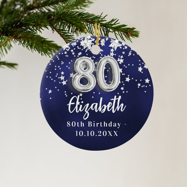 80th birthday navy blue silver stars ceramic tree decoration (Creator Uploaded)