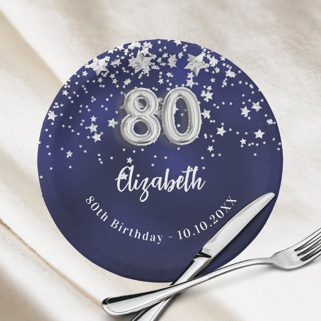 80th Birthday navy blue silver stars Paper Plate (Creator Uploaded)