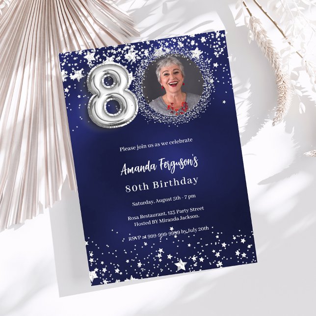 80th birthday navy blue silver stars photo luxury invitation (Creator Uploaded)