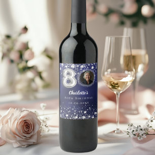 80th birthday navy blue silver stars photo wine label