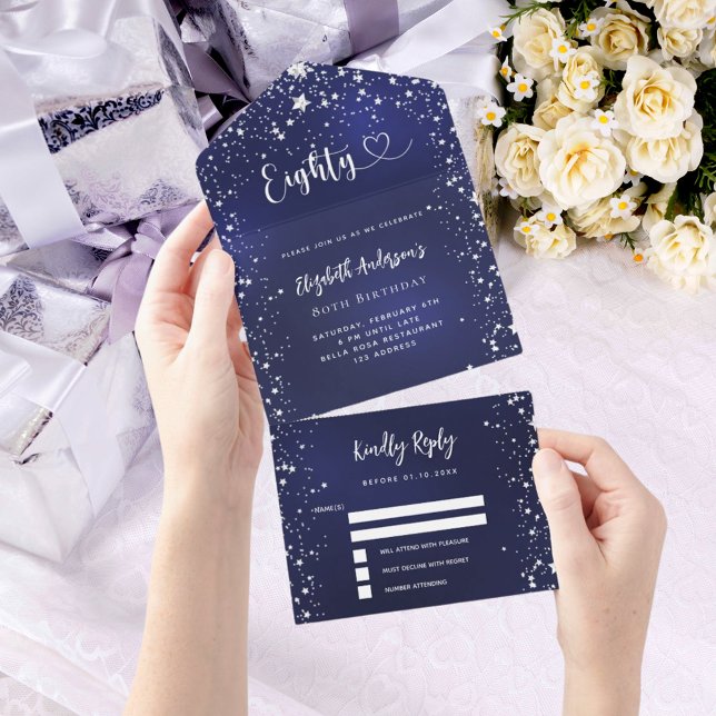 80th Birthday navy blue silver stars rsvp All In One Invitation (Creator Uploaded)